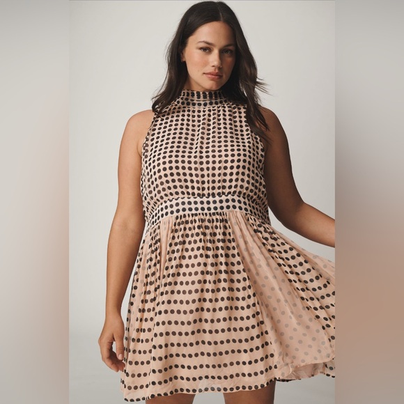 NWT Anthropologie Sleeveless Mini Dress in Pinkish/Tan and Black Polka Dots L - Picture 3 of 16